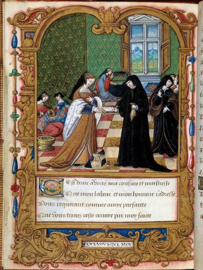 Margarita of Angoulema (1492-1549) ナバラ王妃がフランソワ1世の寵愛を受けたエタンプ公爵夫人に自著を贈呈 Anne Pisseleu ローハン師が盛り上げたAngoulemaのMargaretによる写本「La coche ou Debat d