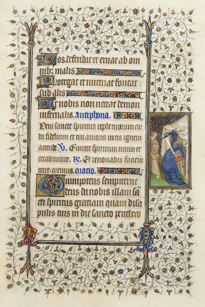 Ms 62 f.132rギローム・ド・デギユヴィルの1350年、1417年の「聖霊の時間」からの、本を刺すネクロマンシーの擬人化（羊皮紙上のインクと金箔） 作： Master of the Rohan Hours