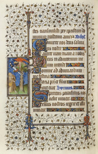 Ms 62 f.132vギリアム・ド・デギユビルの1350年、1417年の「聖霊の時間」（羊皮紙のインクと金箔）からの、刀で突き刺された本のある木のてっぺんの翼のある人物 作： Master of the Rohan Hours