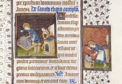 Ms 62 f.215r聖エリギウスが神社を作る。アンビルでの聖エリギウス、時間の本から 作： Master of the Rohan Hours