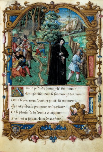 ナバラ王妃マルガリータ・アングレマ（1492-1549）の礼儀正しい愛の場面を表現したもの。マルグリット・ダングレームの手稿「恋の歌」のページをローハンの師匠が作成したもの。 作： Master of the Rohan Hours