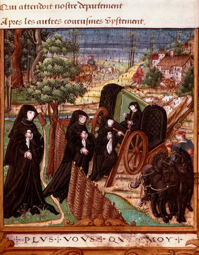 ナバラ王妃マルガリータ・アングレマ（1492-1549）が仲間の女性たちに囲まれて馬車に乗って散歩している様子を描いたもの」 マエストロが盛り上げたマルガリータ・アングレマの手稿「La coche ou Debat d