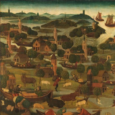 聖エリザベスの日洪水 1421 年 11 月 18 ～ 19 日の聖エリザベートの洪水を描いた祭壇画の右翼の外側、Wieldrecht での堤防の決壊 作： Master of the St Elizabeth Panels