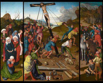 十字架の上昇[中央、左、および右のパネル]、c。 14801490。 作： Master of the Starck Triptych