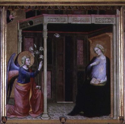 受胎告知」（パネルにテンペラ） 作： Master of the Straus Madonna