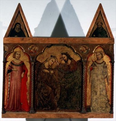 トリプティク聖母の戴冠式と二人の聖人（パネルにテンペラ） 作： Master of the Urbino Coronation