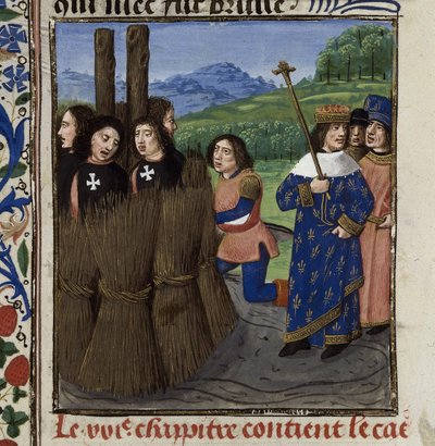 テンプル騎士団の焼き討ち 出典: De casibus virorum illustrium by Giovanni Boccaccio 作： Master of the White inscriptions