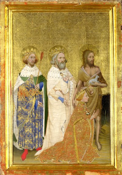 イギリスのリチャード2世と彼の守護聖人 (Wilton Diptychの左内側パネル) 作： Master of the Wilton Diptych