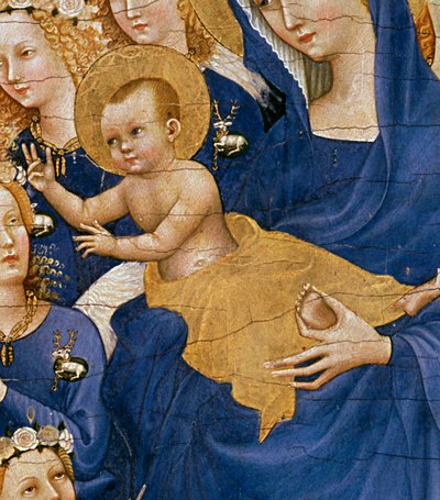 聖母子、1395-99年（オークの卵のテンペラ）（3028の詳細） 作： Master of the Wilton Diptych