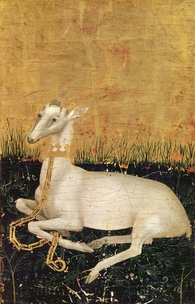 ホワイト・ハート、 『The Wilton Diptych』 c.1395-99（オークの卵テンペラ）（verso） 作： Master of the Wilton Diptych