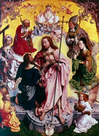 キリストの傷口に手を当てる疑い深いトーマス（1499年頃 作： Master of the altarpiece of St