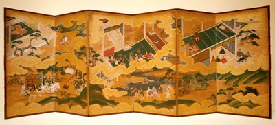 源氏物語、1650年頃（紙にインク、色、金箔、六面屏風） 作： Matabei Iwasa