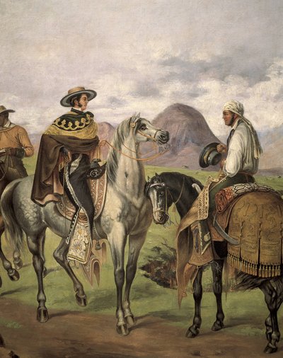 しゃれた服を着たCharros””（メキシカンライダー）。 マテオ・サルダナ (1875-1951) の作品、20 世紀。 衣装主義。 キャンバスに油彩 作： Mateo Saldana