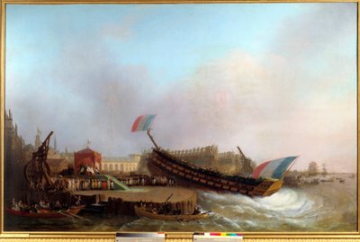 皇帝ナポレオン1世（1769-1821）とインペラトリックス、ウェストファリアの王と王妃に囲まれて、1810年5月2日にアントワープの工廠で行われた80連装砲艦「フリードランド」の進水式に参加する」19世紀の造船所の様子。マチュー・イグニスによる絵画 作： Mathieu Ignace van Bree