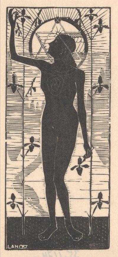 植物の茎のそばに立っている裸の女性 高みを目指して（原題） 12枚の木版画（連載タイトル） 作： Mathieu Lauweriks