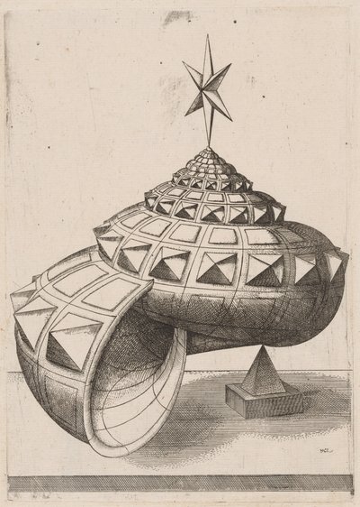 ピラミッド上でバランスをとった多面的なカタツムリの殻の遠近法 作： Mathis Zündt, after Hans Lencker