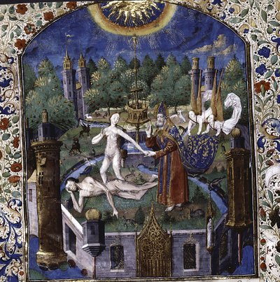眠っているアダムの体からのイブの創造、ジョヴァンニボッカッチョ、1450〜1475年 作： Maître François