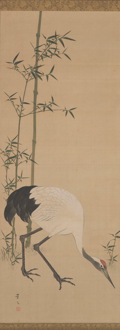 鶴竹松 江戸時代（絹本水墨） 作： Matsumura Keibun