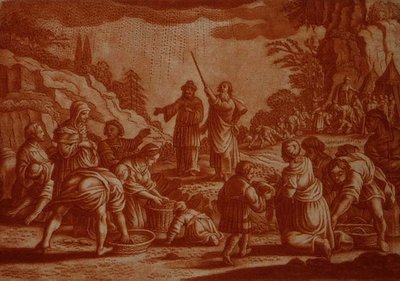 マナを集めるイスラエル人（聖書の挿絵）ガブリエル・ボデニール（1673-1766）の彫刻（セピア色の彫刻）。 作： Mattaus II (after) Merian