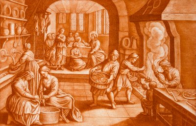 メアリーとマーサの物語、聖書のイラスト、JC Bodenehrによって彫刻（セピアの彫刻） 作： Mattaus the Younger Merian
