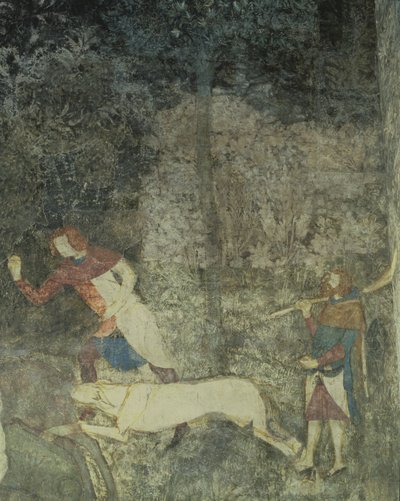 犬と狩りをする男性、La Chambre du Cerf Stag Room 1347フレスコ画の装飾スキームの詳細 作： Matteo Giovanetti