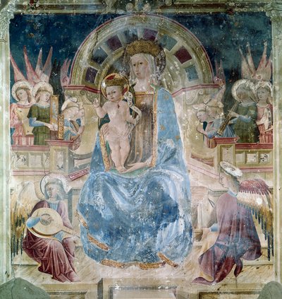 聖人と天使に囲まれた聖母子 マッテオ・ダ・グアルドのフレスコ画（約1435～1507年） アッシジの聖フランソワ聖堂（サン・フランチェスコ）、キエサ・シュペリオーレ 作： Matteo da Gualdo