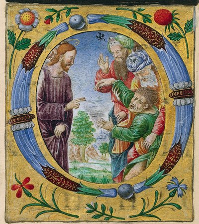 ミサ典書からの切り取り: イニシャル O と悪魔払いを行うキリスト、c. 1520年。 作： Matteo da Milano