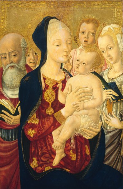 聖ジェローム、アレクサンドリアの聖カタリナ、天使たちと一緒のマドンナと子供、c。 14651470。 作： Matteo di Giovanni