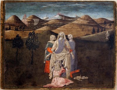 ロムルスとレムスの伝説：レア・シルヴィアの誕生。マッテオ・ディ・ジョヴァンニ（1430-1495）による絵画、木にデトレンプ、27.9×35.7cm。イタリア美術 15世紀リボーン美術博物館。 作： Matteo di Giovanni di Bartolo