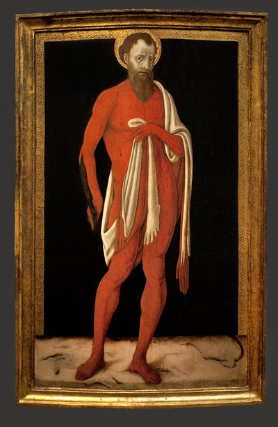 聖バルテルミー、使徒。マッテオ・ディ・ジョヴァンニ（約1430-1495）による絵画、木に油彩、イタリア美術 作： Matteo di Giovanni di Bartolo