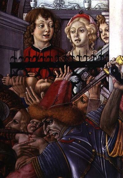 無辜の民の虐殺」 宮殿から殺戮を見守る二人の野次馬のディテール 作： Matteo di Giovanni di Bartolo