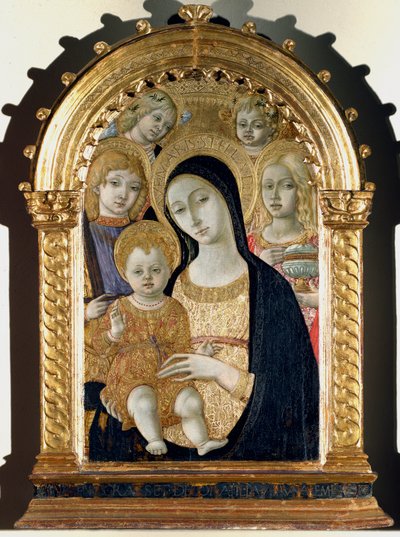 聖母とイエス・キリスト、聖ミカエル、聖マグダラのマリア（木地画 作： Matteo di Giovanni di Bartolo