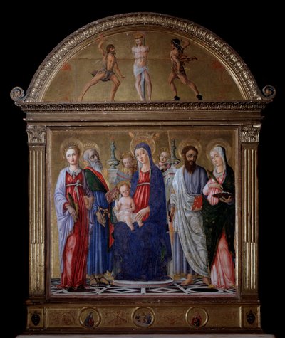 子供を連れた聖母と聖バルトロメオ、聖カテリーナ、聖ルーシー、聖マタイ - 祭壇画 作： Matteo di Giovanni di Bartolo