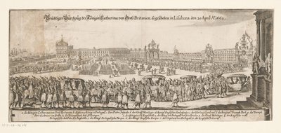 1662 年 4 月 20 日、ブラガンサのキャサリンのイギリスへの出発 Prächtiger Durchzug der Königin Catharina von Gross Britanien は、4 月 20 日にリサボナで生まれました。 1662 (アイテムのタイトル) ブラガンサのキャサリンと英国王チャールズの結婚 作： Matthäus Merian (II)