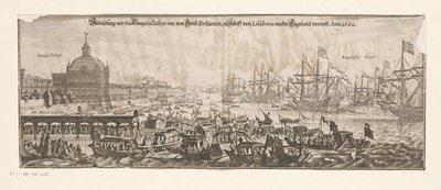 1662 年 4 月 20 日、ブラガンサのキャサリンと共にイギリスに向かう艦隊の出発 イギリスの後、カタリーナ・フォン・グロス・ブリタニエンとシッフ・フォン・リサボナがケーニギン・キャサリーナ・フォン・グロス・ブリタニエンとシフ・フォン・リサボナを略奪しました。 Anno 1662 (オブジェクトのタイトル) ブラガンサのキャサリンとエンの結婚 作： Matthäus Merian (II)