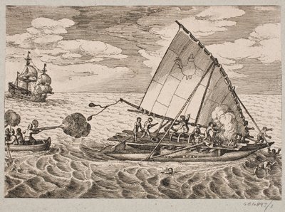 野生の人々と子供たちを乗せたオランダの捕獲船 作： Matthäus Merian d.Æ.