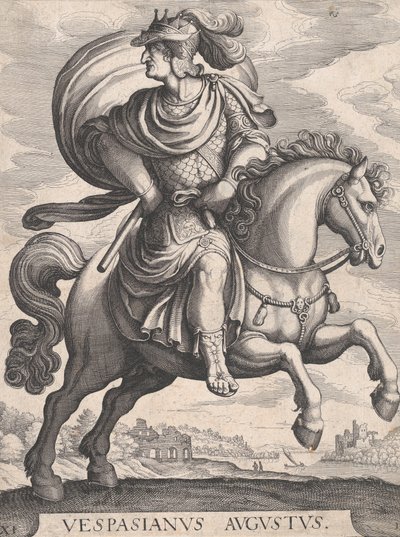 馬に乗ったヴェスパシアヌス皇帝、『ローマの最初の12人の皇帝』シリーズより、プレート1...、1610-50年。 作： Matthaus Merian