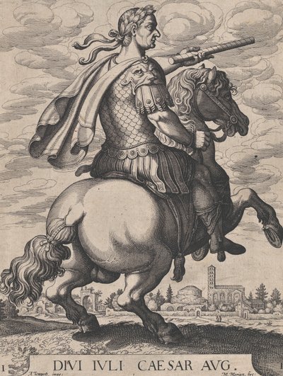 プレート 1: 馬に乗ったユリウス・カエサル皇帝、「最初の 12 人のローマのカエサル」より、...、1610 年から 1650 年。 作： Matthaus Merian