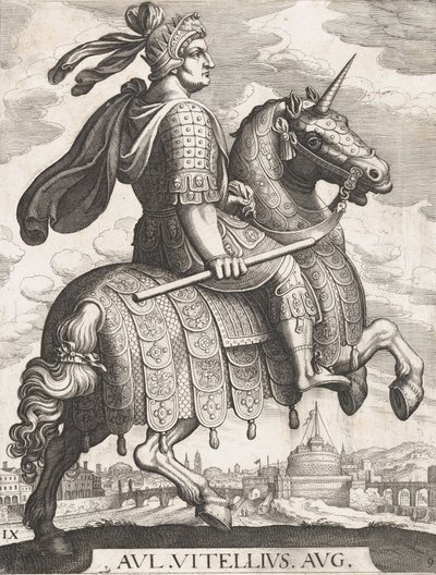 プレート9：馬に乗ったヴィテリウス皇帝、「ローマの最初の12人の王」より Te..., 1610-50. 作： Matthaus Merian