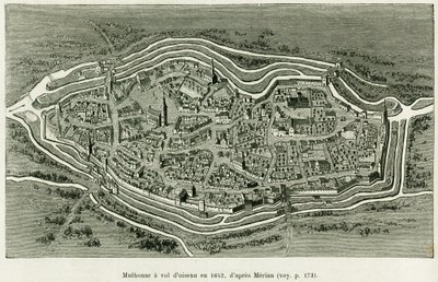 1642年のミュルーズの飛行。マタウス・メリアン（1593-1650）が、1885年にドイツ人デピューターのシャルル・グラッドが描いた「アルザスとロレーヌを通って」という物語を説明するために描いたもので、エドゥアール・シャルトン（1807-1890）が監督した「tour du monde 1886」に収録されています（Hachette, Paris）。 作： Matthaus the Elder (after) Merian