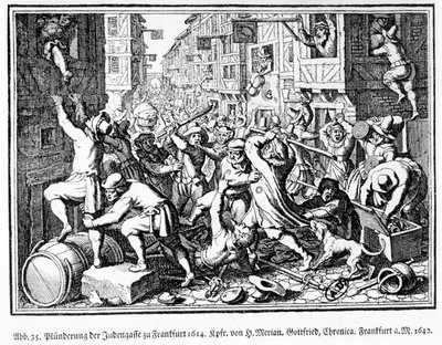 8月22日、フランクフルトのフェットミルヒ暴動でユダヤ人横丁が略奪される 作： Matthaus the Elder (after) Merian