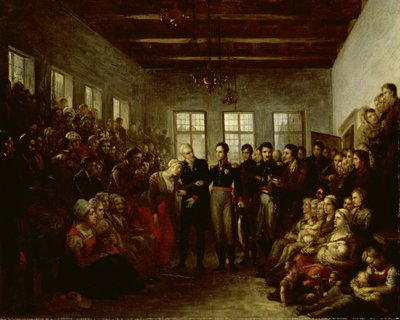 1825 年 2 月 14 日、アムステルダムのアルモナーズ孤児院で洪水の犠牲者を訪問するオレンジの王子 作： Mattheus Ignatius van Bree
