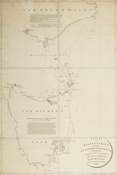 ニュー・サウス・ウェールズとヴァン・ディーマンズ・ランドの間にあるバス海峡の海図。ハンター総督 作： Matthew Flinders