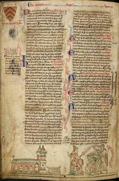 Royal 14C VII、f.138v ウェストミンスター寺院と聖エドワード神殿。 右、リヨン公会議での教皇インノケンティウス 4 世、「Historia Anglorum」のイラスト 作： Matthew Paris