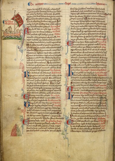 Royal 14 C. VII、f.116v イギリス海峡を渡ってブルターニュに向かうヘンリー 3 世の限界図、付随するテキストの一部は著者自身の手によるもの、「Historia Anglorum」のイラスト 作： Matthew Paris