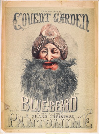 1860年頃、コベントガーデンのシアターロイヤルでヘンリーJ.バイロンが制作した「青ひげ」のクリスマスパントマイムのポスター 作： Matthew Somerville Morgan