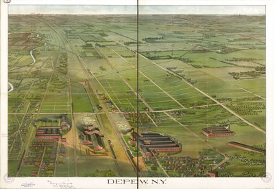 鳥瞰図。 北を右に向けます。 LC パノラマ マップ (第 2 版)、555.1 米国議会図書館の Web サイトからもラスター イメージとして入手できます。 インクで注釈が付けられた LC コピー。 刻印: Compliments Depew Improvement Co.; S. ジェイ オハート、弁護士 作： Matthews Northrup Company