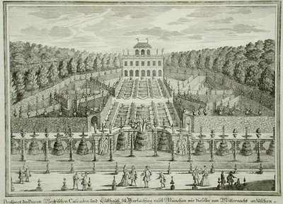カール・レムシャード（1678-1735）が1725年頃に出版した「Erlustierende Augenweide in Vorsetellung Herrliche Garten」から、ミュンヘン近郊の王侯貴族の邸宅の眺め。 作： Matthias (after) Diesel