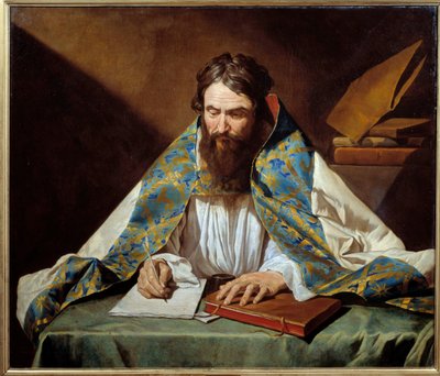 ミラノの前夜祭である聖アンブローズ（340-397）の肖像 - マティアス・ストーム（Matthias Stom）（1600-1650）の絵画 Ec Flam、1633-1639年頃 - 油彩・キャンバス - 日。1,10x1,30m - レンヌ、ボザール美術館 - 聖アンブローズ（またはアンブロワーズ、340-397）、司教の肖像 作： Matthias (c.1600 p.1650) Stomer
