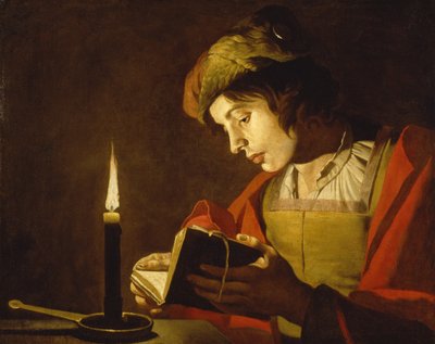 Un jeune homme lisant a la lumiere de la bougie - A young man reading by candlelight, マティアス・ストーム（ストマー）（ca.1600-after 1650）によるもの。キャンバスに油彩、1630年頃。寸法：58.5x73.5cm。ストックホルム国立博物館 作： Matthias (c.1600 p.1650) Stomer